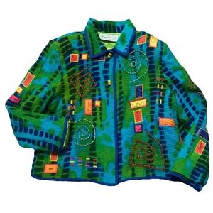 VTG Patchington Womens PL Jacket Blazer Geometric Embroidered Patches colorful